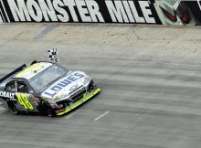 Jimmie Johnson, who led for five times for 191 laps, performs a reverse victory lap after earning his 53rd NASCAR Sprint Cup Series win. Credit: Nick Laham/Getty Images